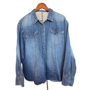 Duck Head Woman Denim Western Shirt Blue Pearl Snap Floral Lined Collar Cuffs 3X